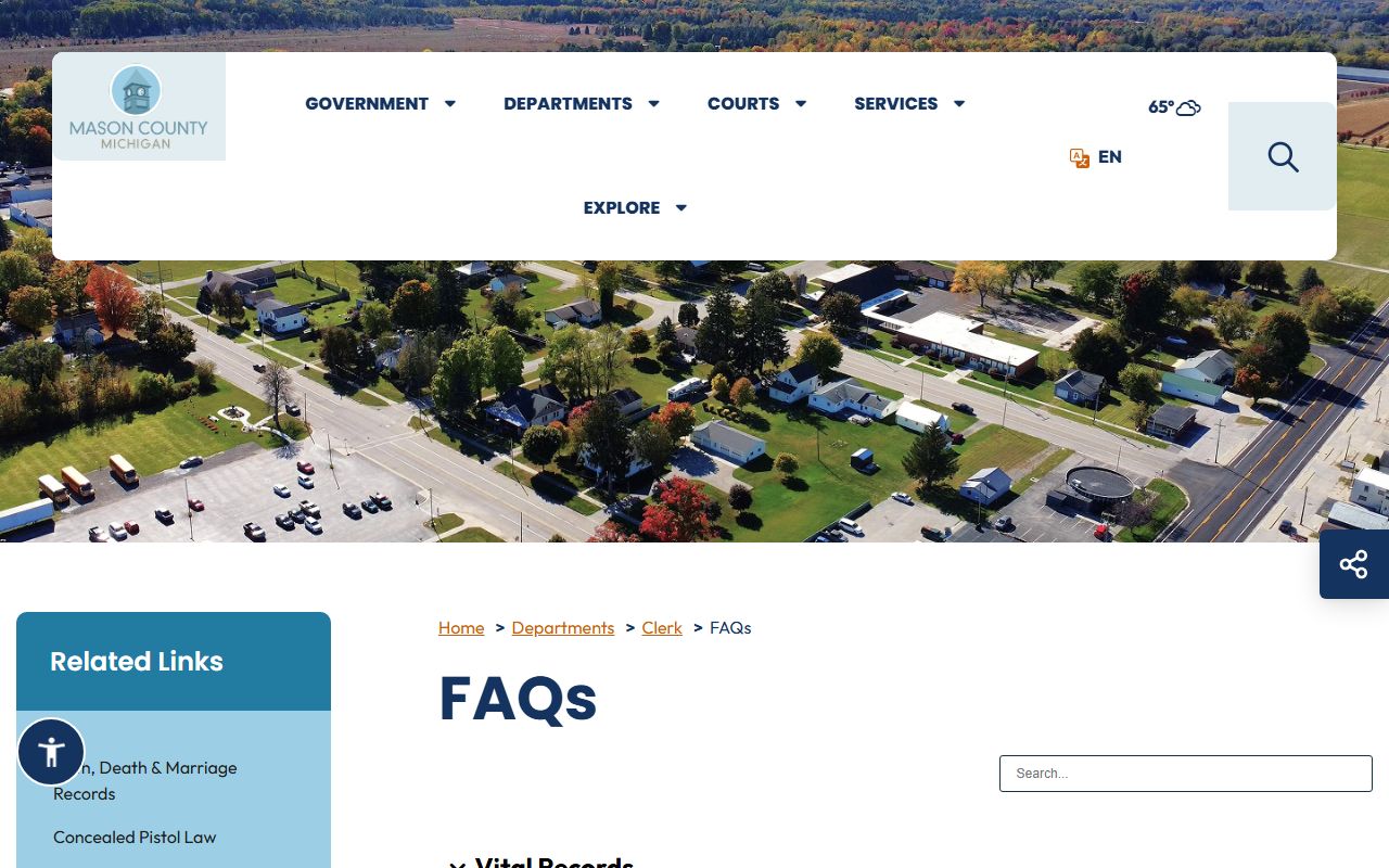 Mason County Clerk FAQ page with record access and processing answers