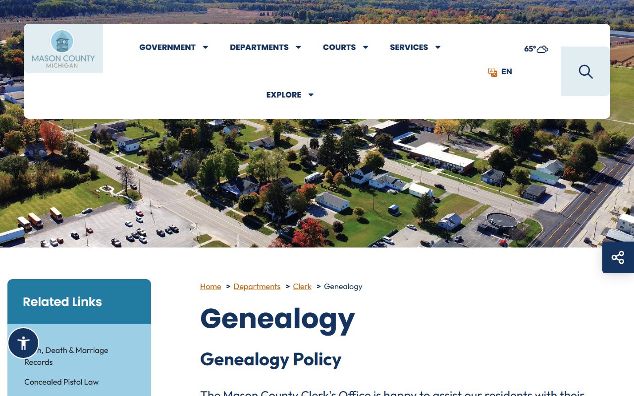 Mason County Clerk genealogy page with appointment scheduling policy