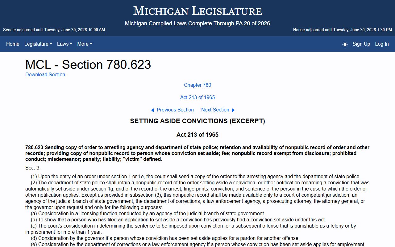 Mason County criminal records and the effect of set-aside statute MCL 780.623