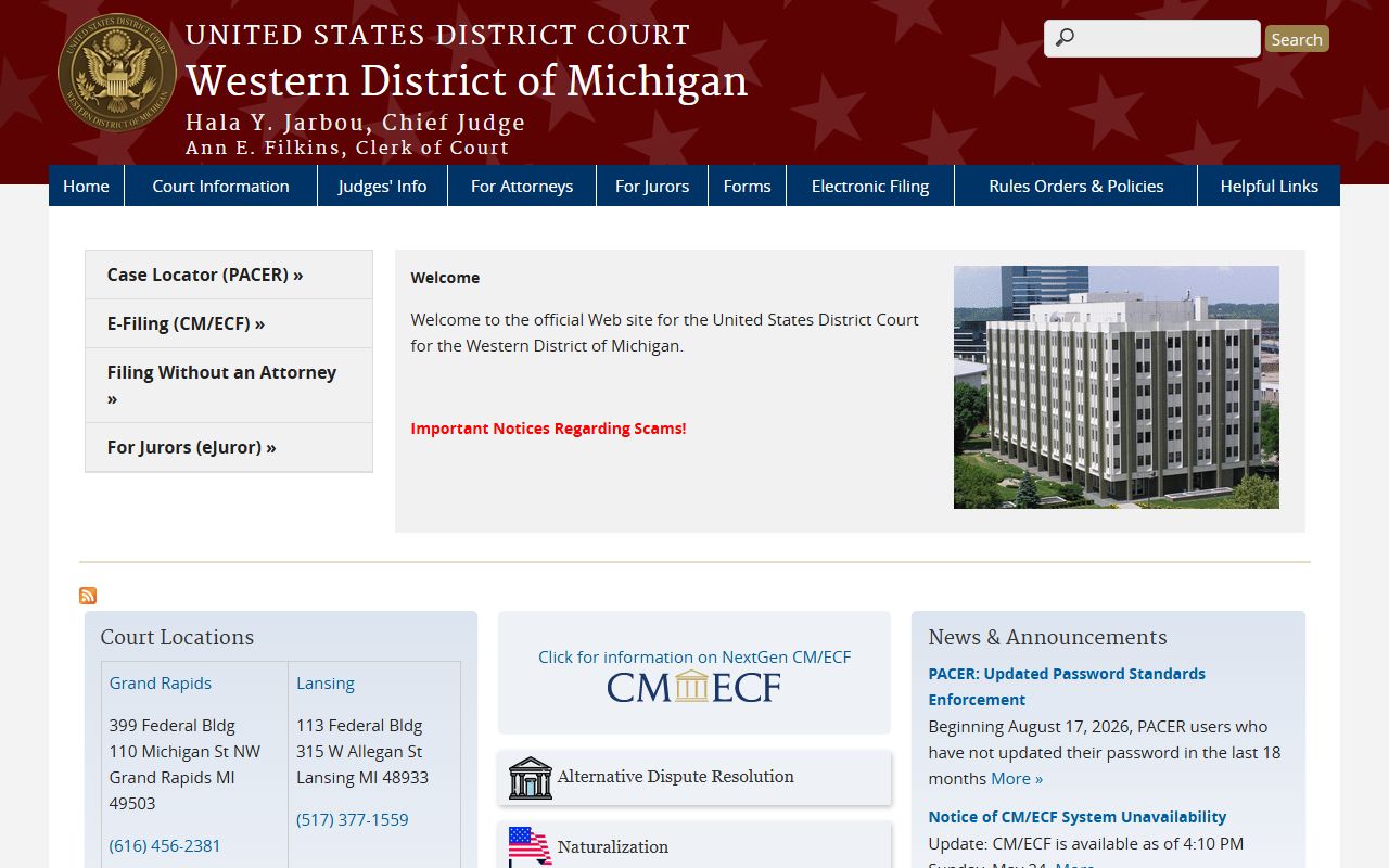 Mason County Circuit Court residents use the federal Western District of Michigan court site