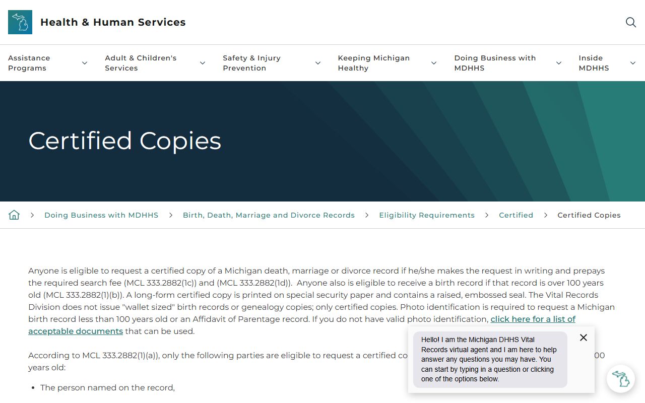MDHHS certified-copy eligibility page for Mason County marriage and divorce records