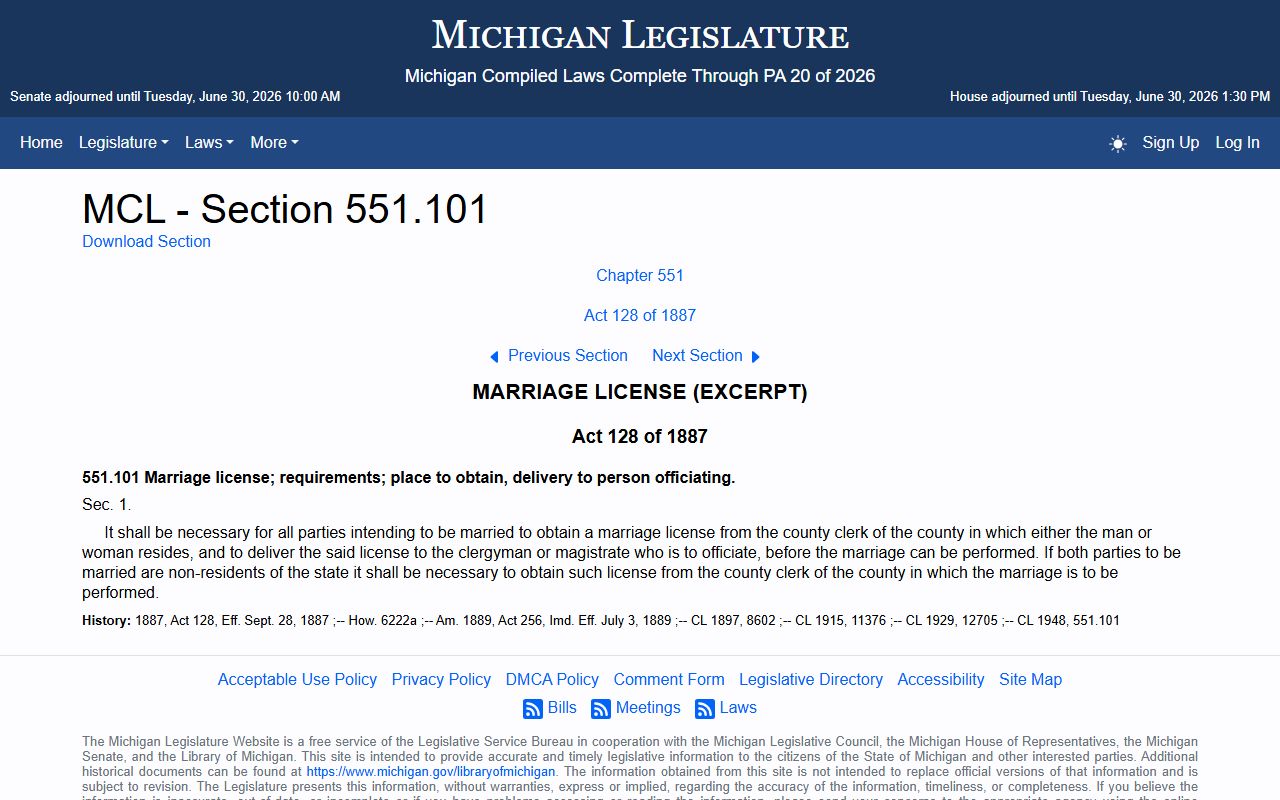 Michigan marriage license statute governing Mason County marriage records