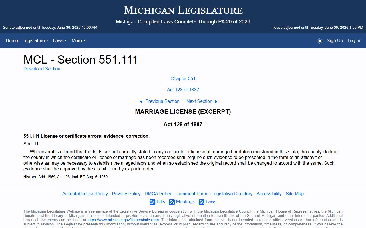 Michigan marriage-license correction statute for Mason County divorce records
