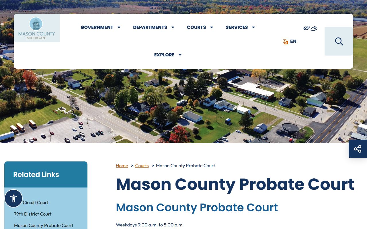 Mason County probate records page showing the probate judge, hours, and MiCOURT search instructions