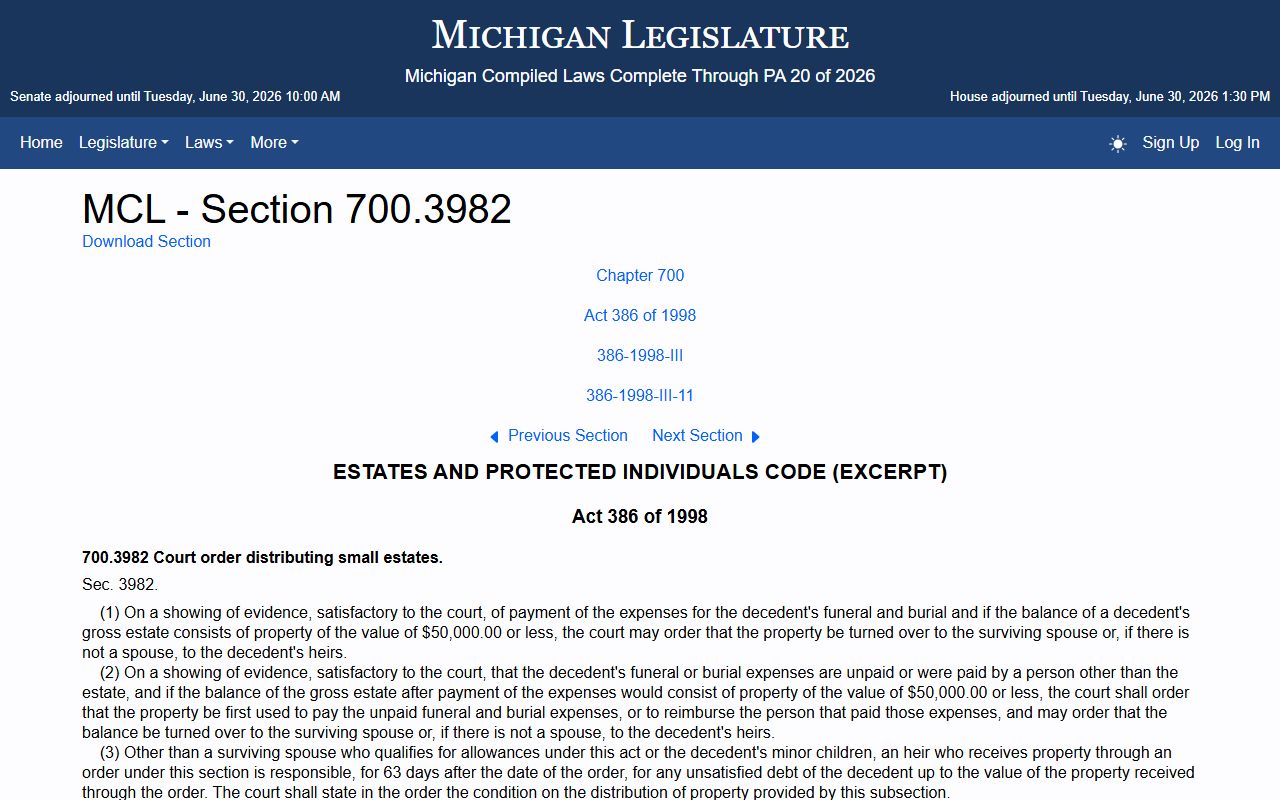 Michigan small-estate assignment statute that shapes Mason County probate records