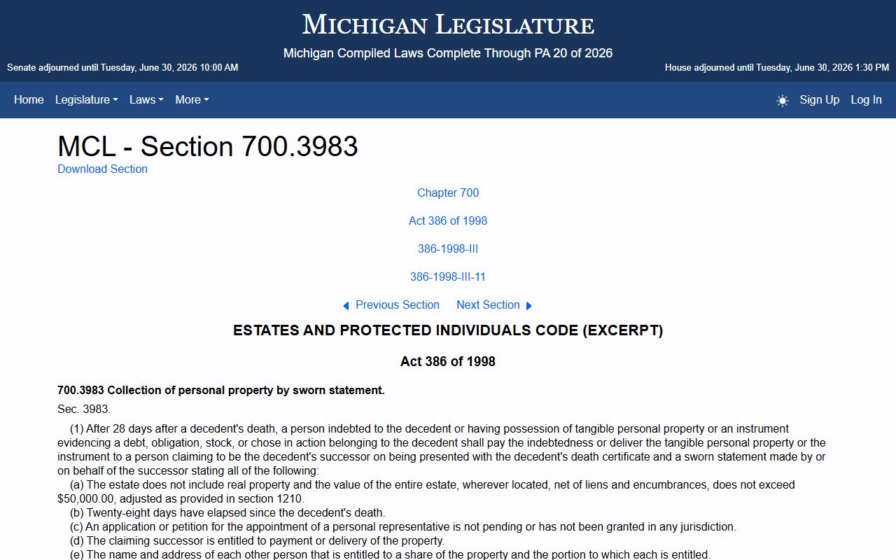 Michigan transfer-by-affidavit statute used for small Mason County probate records