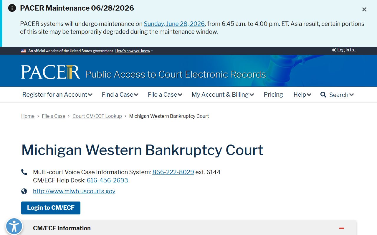 PACER lookup for the Michigan Western Bankruptcy Court serving Mason County probate and estate matters